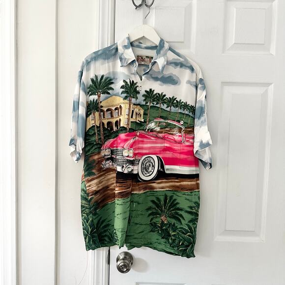Tori Richards Vintage Hawaii Front Back Graphic Pink Cadillac Convertible Shirt - Picture 1 of 11